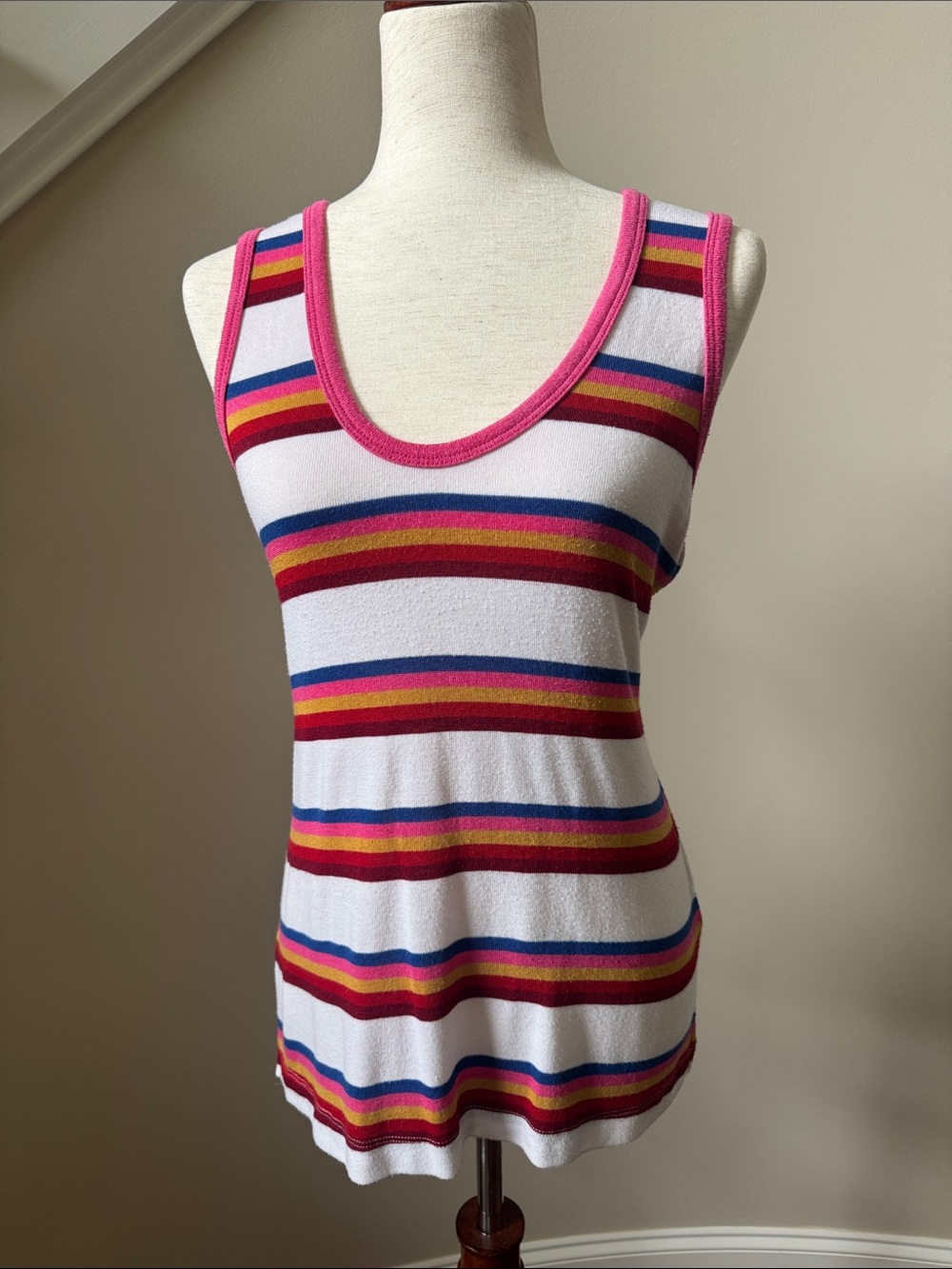 Sleeveless Scoop Tank Top in White with Pink, Blue & Red Stripes